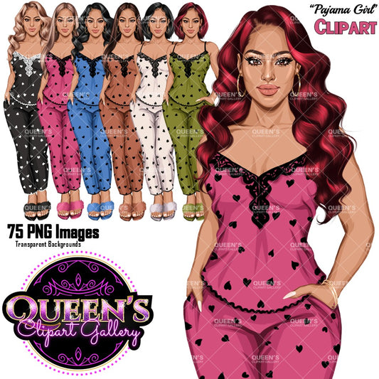 Non-African American white pajama girl clipart PNG featuring a stylish woman in heart print sleepwear with multiple hairstyles, hair colors, pajama color variations, and transparent background. Woman clipart PNG, modern female illustration for planners, websites, educational resources, and commercial use.
