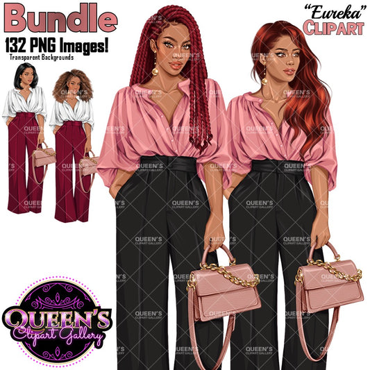Black business woman and professional woman clipart bundle featuring Afro textured hair, braids, red hair, office fashion, handbags, and transparent background PNG images.