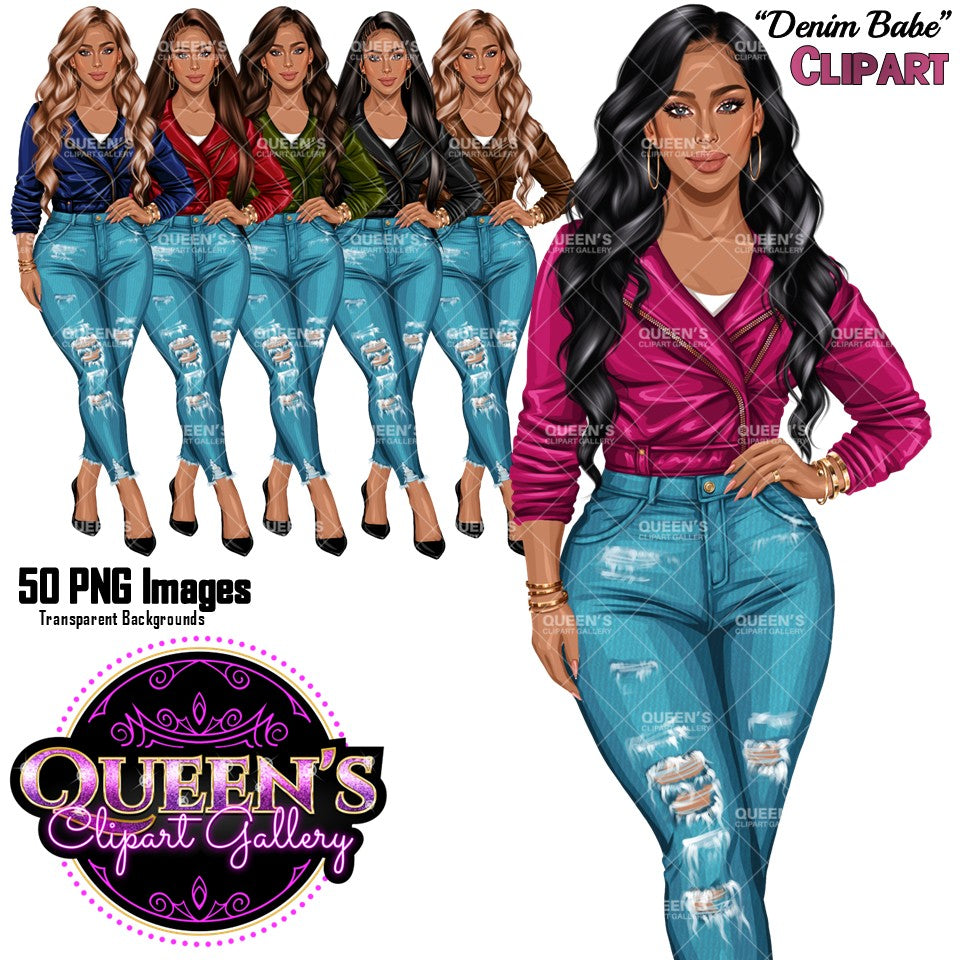 Fashion woman clipart in ripped denim jeans and colorful leather jackets, stylish female PNG illustrations with multiple hair colors and transparent backgrounds