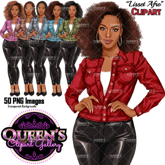 Digital clipart  featuring an illustrated woman with dark curly hair, wearing a red patterned button-up shirt and black faux-leather pants and black high heels. Digital clipart  featuring a stylized woman in a red button-up jacket and black pants, with smaller alternate versions of the same character in different jackets.  Fashion woman clipart PNG featuring a stylish woman wearing a casual jacket with 3 hairstyles, 4 hair colors, 6 jacket color variations, and transparent background.