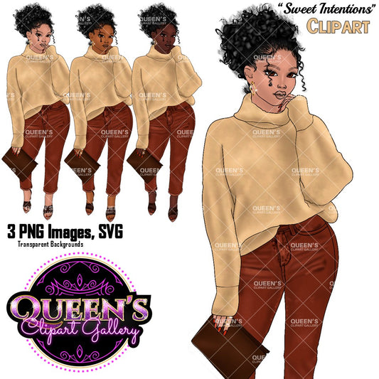 Black Woman Fashion Clipart PNG | African American Woman Clipart | Curly Hair Girl PNG | Fashion Illustration | Fashion Girl Clipart