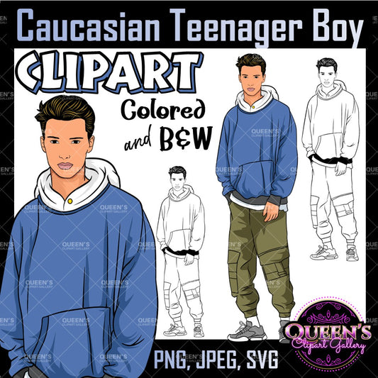 Teen Boy Clipart PNG | Caucasian Teenager Clipart | Male Student Clipart | Hoodie Boy PNG | High School Student Illustration