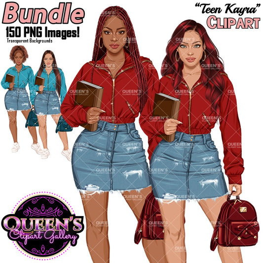 African American teen girl and non-African American clipart PNG featuring a fashionable high school student holding a book with multiple hairstyles, hair colors, outfit color variations, and transparent background. High school teen clipart PNG, multicultural teenager illustration for classroom resources and educational projects.