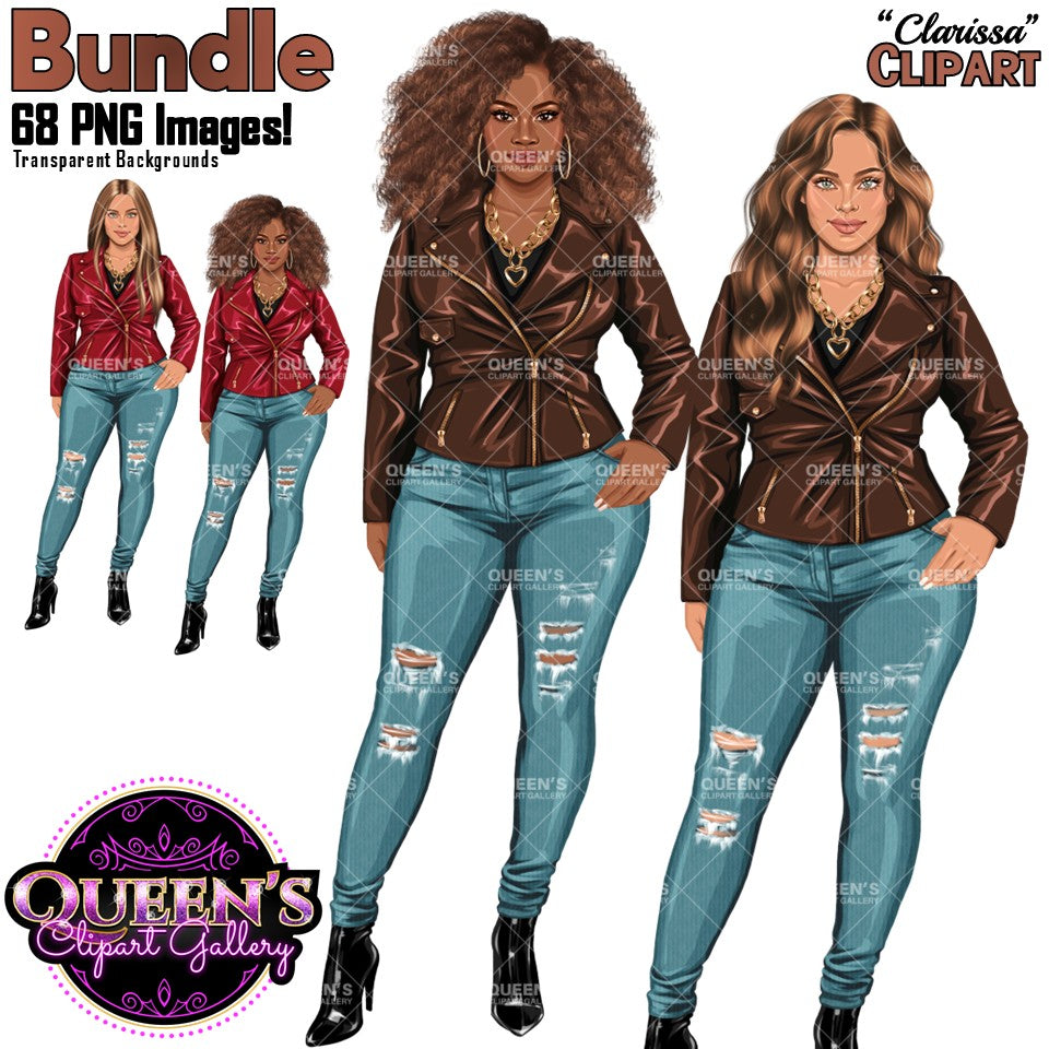 Curvy woman clipart bundle featuring Black and White women in leather jackets and ripped jeans with transparent backgrounds.