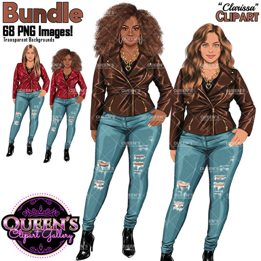 Curvy woman clipart bundle featuring Black and White women in leather jackets and ripped jeans with transparent backgrounds.