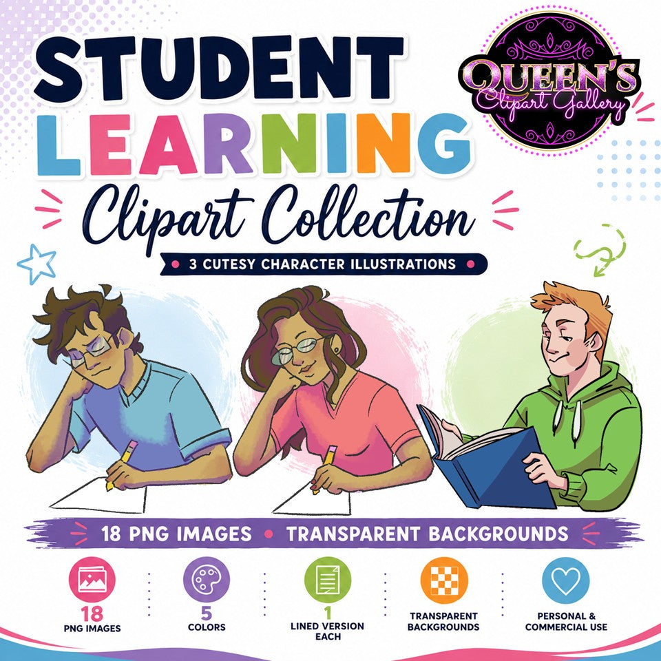 Student learning clipart collection featuring three cartoon students reading and writing, with colorful character variations, lined versions, and transparent backgrounds.