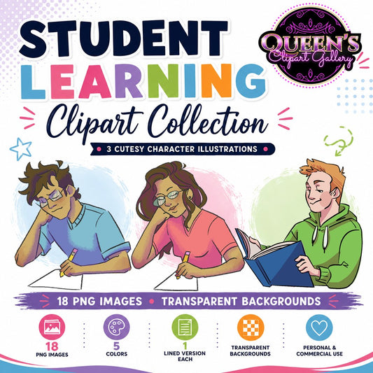 Student learning clipart collection featuring three cartoon students reading and writing, with colorful character variations, lined versions, and transparent backgrounds.