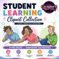 Student learning clipart collection featuring three cartoon students reading and writing, with colorful character variations, lined versions, and transparent backgrounds.