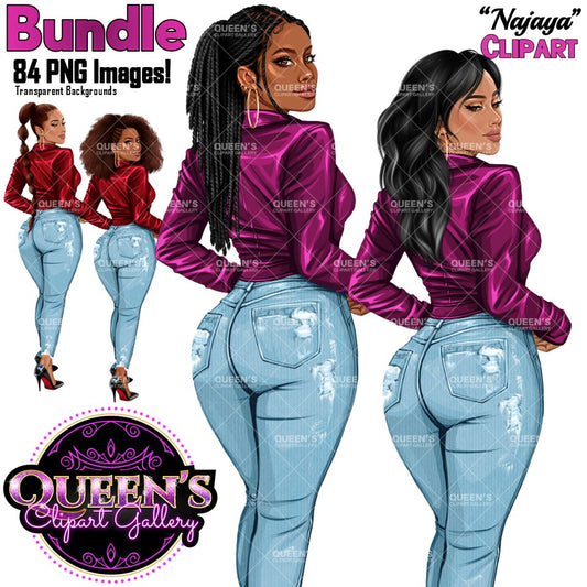 Fashion woman and African American woman clipart PNG featuring a stylish rear view woman with 2 hairstyles, 4 hair colors, 5 jacket color variations, transparent backgrounds, and black and white versions.