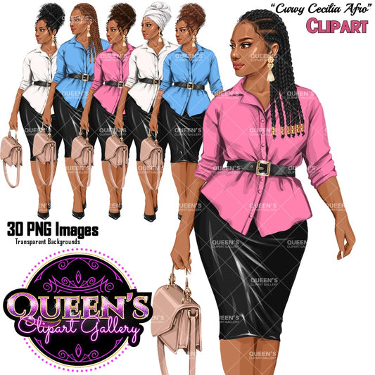 African American curvy business woman clipart PNG featuring a professional Black woman in blouse and pencil skirt with braids, natural hair, headwrap, handbag, and transparent backgrounds.