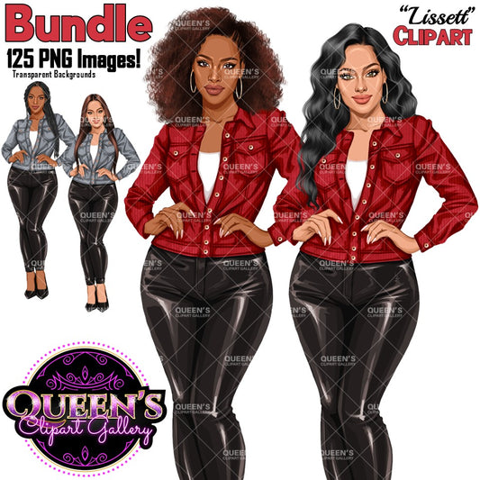 Digital clipart bundle preview showing two illustrated women, one African American woman and one Non-African American woman in matching outfits: red plaid button-up denim jackets and shiny black faux-leather pants and black high heels with smaller side views and text reading 'Bundle 125 PNG Images!' and 'Queen's Clipart Gallery'.