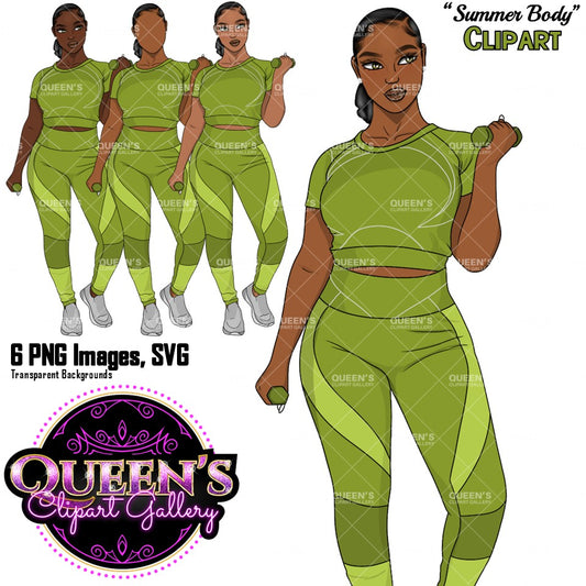 Fitness Black Woman Clipart PNG | Black Woman Workout Clipart | Curvy Gym Girl PNG | Activewear Clipart | Exercise Woman Illustration