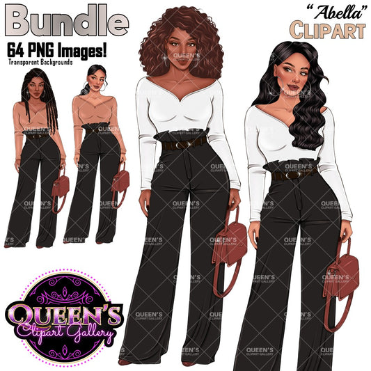 Diverse women fashion clipart collection featuring Black and White women with curly hair, braids and wavy hairstyles, stylish outfits, handbags and transparent backgrounds