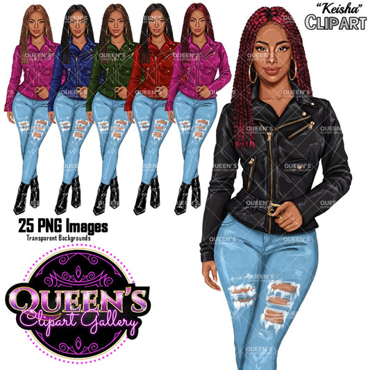 Black Woman Clipart | Braided Woman PNG | Leather Jacket Clipart | Fashion Woman Illustration | Black Girl Illustration | Denim Jeans Girl