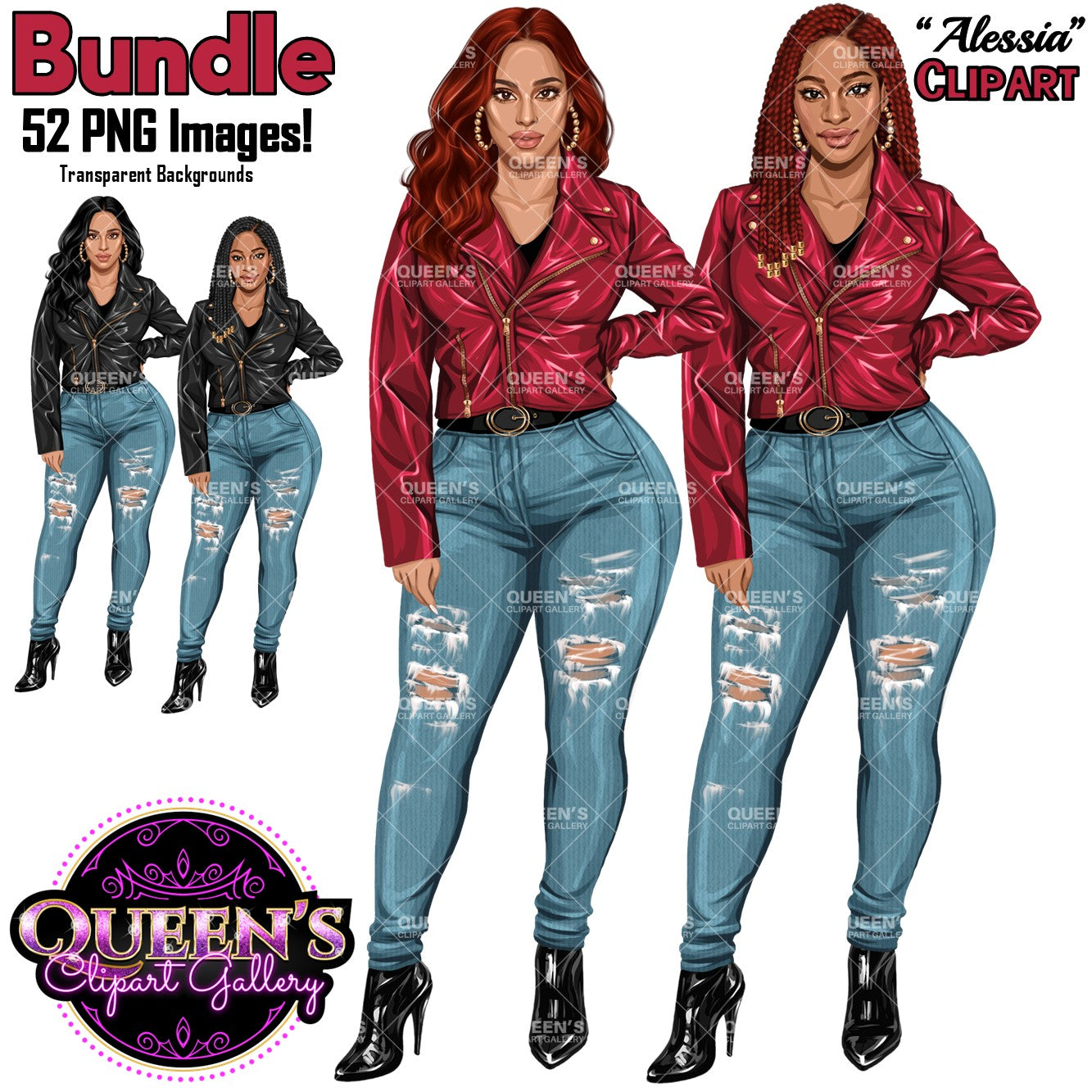 Curvy Woman Clipart Bundle | Afro Woman PNG | Fashion Woman Clipart | Leather Jacket Girl Illustration | Denim Jeans Girl Clipart