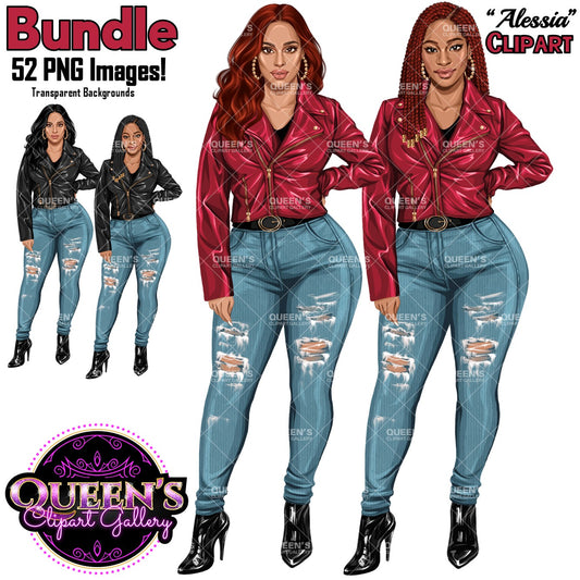 Curvy Woman Clipart Bundle | Afro Woman PNG | Fashion Woman Clipart | Leather Jacket Girl Illustration | Denim Jeans Girl Clipart
