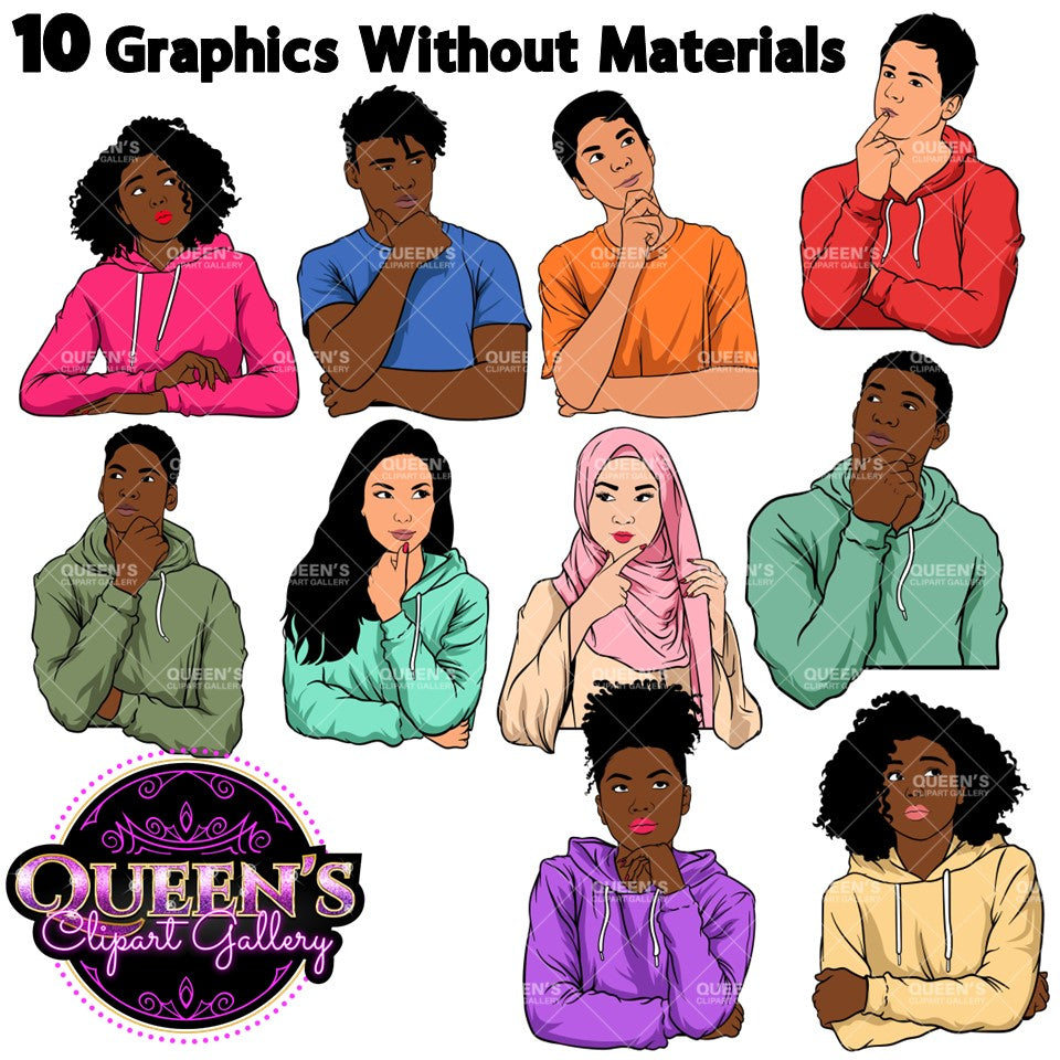 Teenagers thinking, Male Teen Clipart, Female Teen Clipart, Teenager Girl Clipart, Teenager Boy Clipart, Student Boy Clipart, Teens, Student