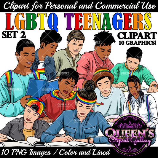 LGBTQ teen clipart collection featuring diverse teenagers reading, writing and studying with Pride rainbow clothing and accessories, PNG images with transparent backgrounds