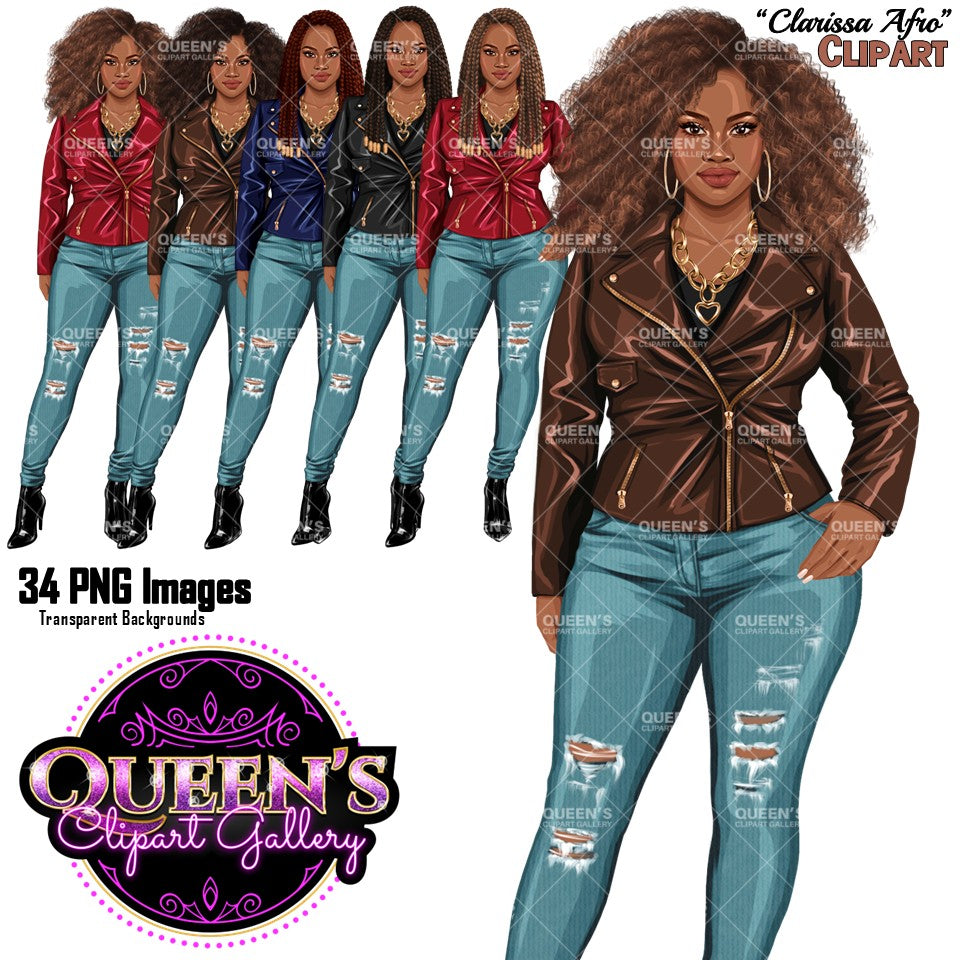Curvy Black woman clipart PNG collection featuring African American woman in leather jacket and ripped jeans with transparent backgrounds.