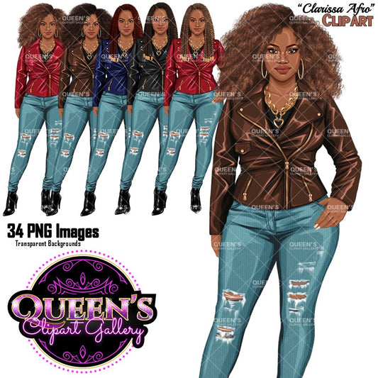 Curvy Black woman clipart PNG collection featuring African American woman in leather jacket and ripped jeans with transparent backgrounds.