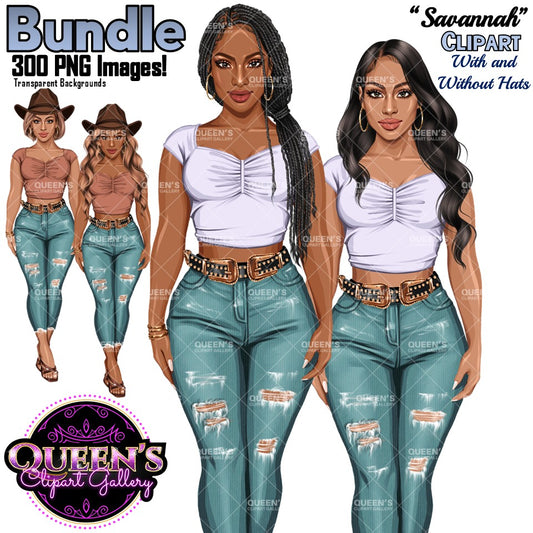 African American and Non-African American cowgirl clipart PNG featuring a fashionable western Afro woman and white woman with cowboy hat, multiple hairstyles, hair colors, outfit color variations, and transparent background. Black woman clipart PNG and white woman clipart PNG, modern female illustration for planners, websites, educational resources, and commercial use.