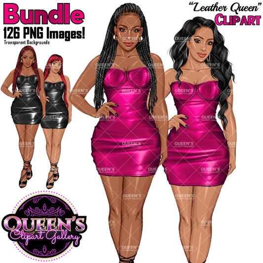 Leather dress clipart PNG featuring a stylish African American woman and Non-African American woman in a faux leather bodycon dress with multiple hairstyles, hair colors, dress color variations, and transparent background. Fashion women clipart PNG, stylish female illustration for planners, websites, branding, and commercial use.