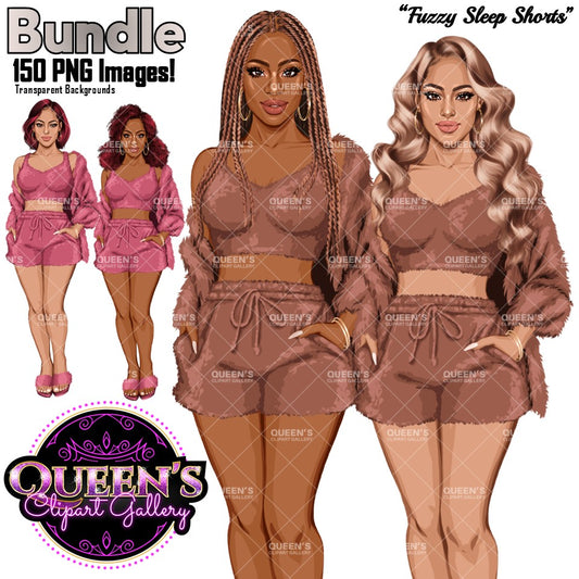 African American and non-African American pajama girl clipart PNG featuring a cozy woman in sleepwear with multiple hairstyles, hair colors, pajama color variations, and transparent background.