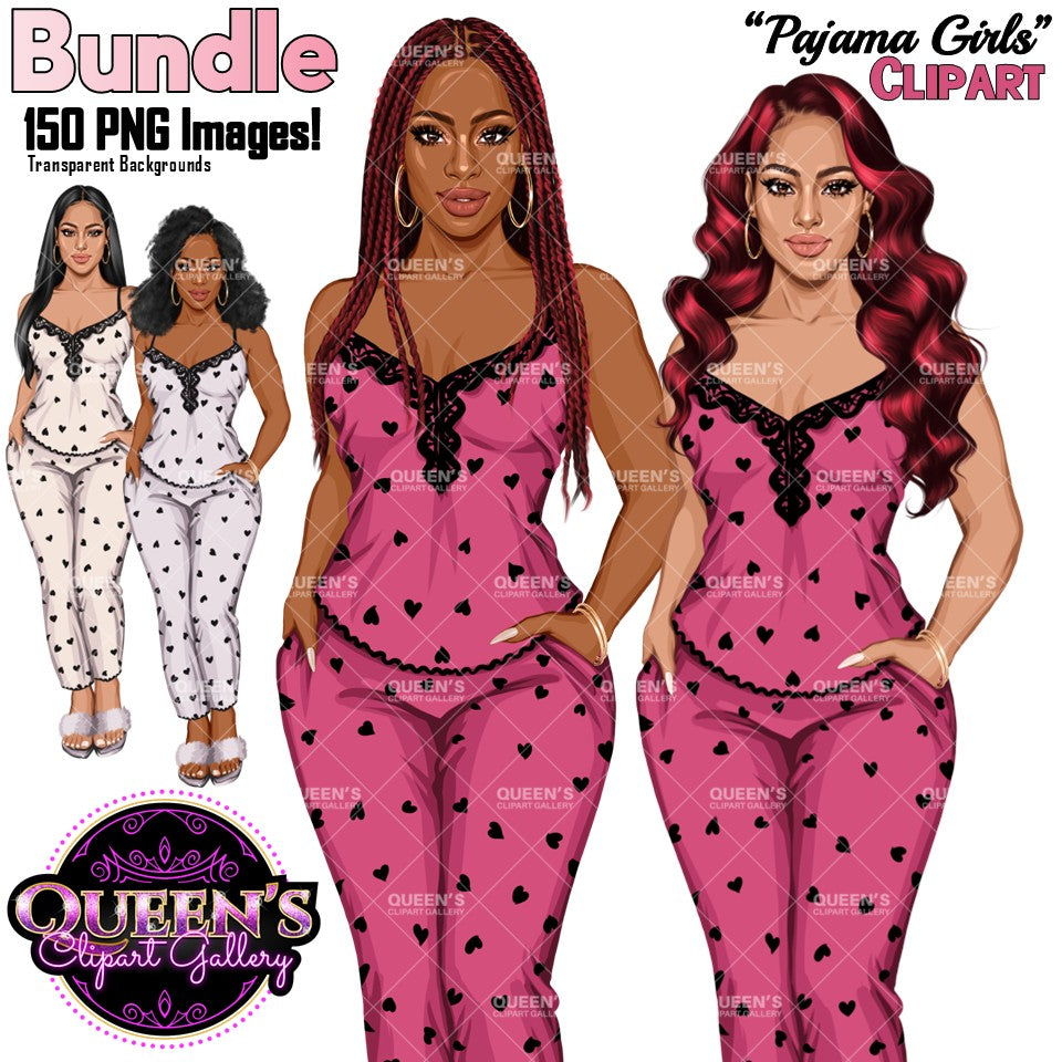 African American and Non-African American white pajama girls clipart PNG featuring a stylish women in heart print sleepwear with multiple hairstyles, hair colors, pajama color variations, and transparent background. Women clipart PNG, modern female illustration for planners, websites, educational resources, and commercial use.