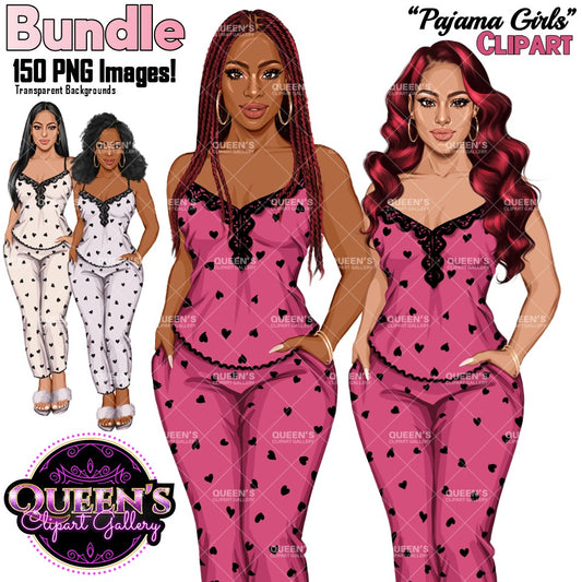 African American and Non-African American white pajama girls clipart PNG featuring a stylish women in heart print sleepwear with multiple hairstyles, hair colors, pajama color variations, and transparent background. Women clipart PNG, modern female illustration for planners, websites, educational resources, and commercial use.