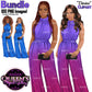 Black woman and white woman fashion clipart PNG featuring elegant women in colorful formal high-neck jumpsuits with braided, natural curly, straight, and wavy hairstyles, clutch purses, and transparent backgrounds.