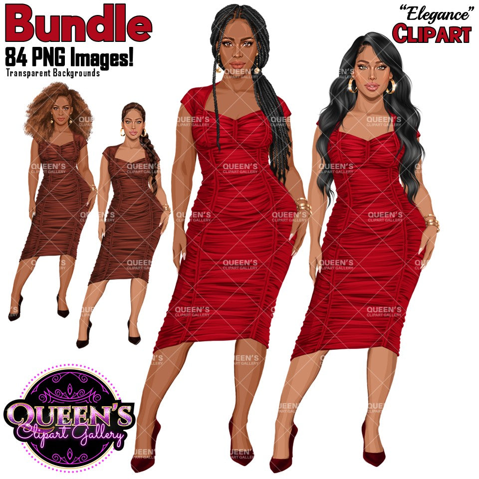 Elegant African American woman and white woman clipart featuring fashionable female characters in fitted dresses with long wavy hair and braided hairstyles in red, pink, blue, brown, and black.