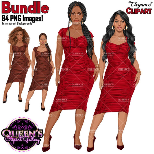 Elegant African American woman and white woman clipart featuring fashionable female characters in fitted dresses with long wavy hair and braided hairstyles in red, pink, blue, brown, and black.