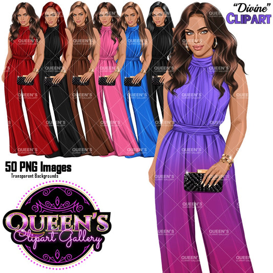 Fashion woman clipart PNG featuring an elegant woman in a stylish sleeveless wide-legged and high-neck jumpsuit with clutch purse, multiple hair and clothing colors, and transparent backgrounds.