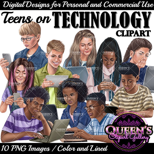 Teens on Technology Clipart, Technology Clipart, Teenagers Clipart, High School Students, Teenagers in School, Computer Clipart, Phone