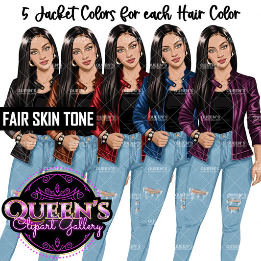 Curvy Denim Girl, Jeans Girl Clipart, Curvy girl, Woman clipart, Fashion girl clipart, Girl boss clipart, Fashion woman, Leather Jacket