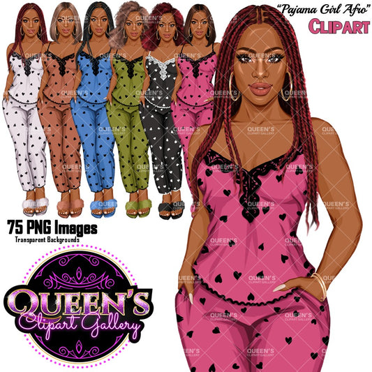 African American pajama girl clipart PNG featuring a stylish woman in heart print sleepwear with multiple hairstyles, hair colors, pajama color variations, and transparent background. Woman clipart PNG, modern female illustration for planners, websites, educational resources, and commercial use.