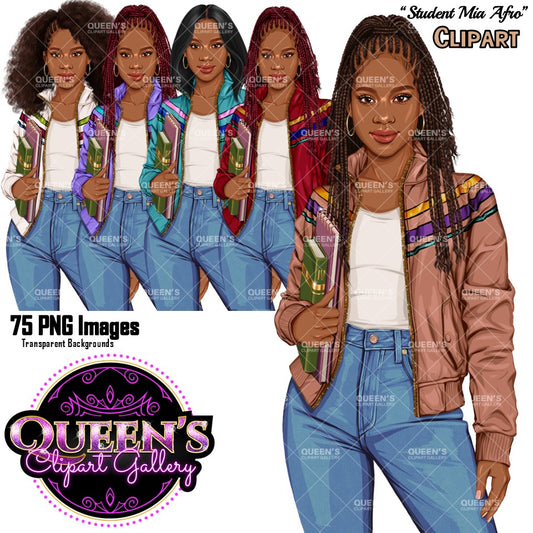 High school African American Afro teen girl clipart PNG featuring a fashionable Afro female student holding books with multiple hairstyles, hair colors, jacket color variations, and transparent background for educational projects. Teen illustration for commercial use projects and instant digital download. Queen's Clipart Gallery