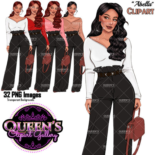 Fashion woman clipart collection featuring stylish women with long wavy and ponytail hairstyles, black pants, handbags, and transparent backgrounds