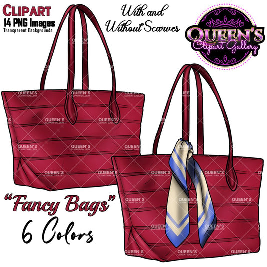 Fashion tote bag clipart collection featuring red handbag designs with and without decorative scarves, PNG images with transparent backgrounds.