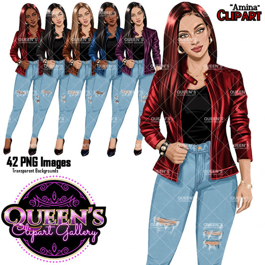 Curvy Denim Girl, Jeans Girl Clipart, Curvy girl, Woman clipart, Fashion girl clipart, Girl boss clipart, Fashion woman, Leather Jacket