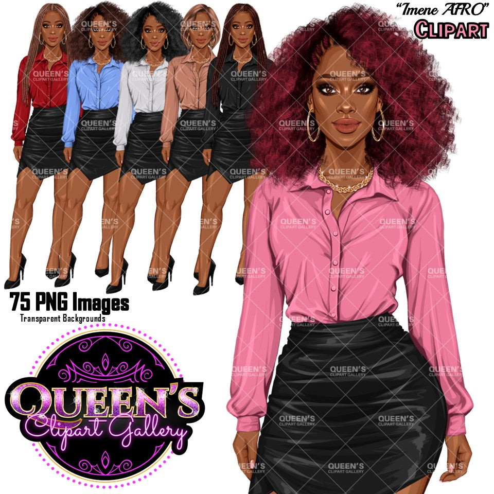 Digital clipart preview featuring a stylized illustrated woman with dark red hair wearing a pink button-up blouse and black skirt, with six smaller variations in the background. Text reads 'Imene AFRO CLIPART', '75 PNG Images', and 'Queen's Clipart Gallery'.