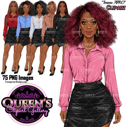 Digital clipart preview featuring a stylized illustrated woman with dark red hair wearing a pink button-up blouse and black skirt, with six smaller variations in the background. Text reads 'Imene AFRO CLIPART', '75 PNG Images', and 'Queen's Clipart Gallery'.