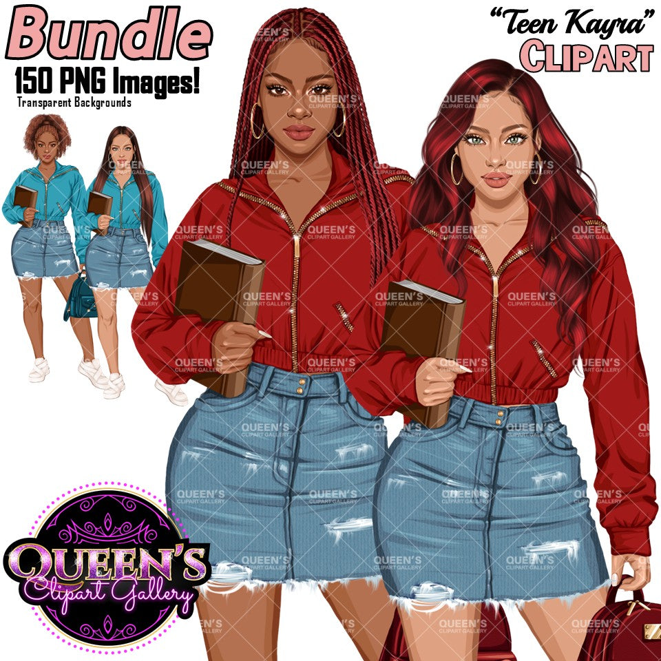 African American teen girl and non-African American clipart PNG featuring a fashionable high school student holding a book with multiple hairstyles, hair colors, outfit color variations, and transparent background. High school teen clipart PNG, multicultural teenager illustration for classroom resources and educational projects.