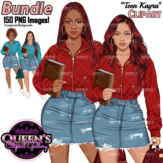 African American teen girl and non-African American clipart PNG featuring a fashionable high school student holding a book with multiple hairstyles, hair colors, outfit color variations, and transparent background. High school teen clipart PNG, multicultural teenager illustration for classroom resources and educational projects.
