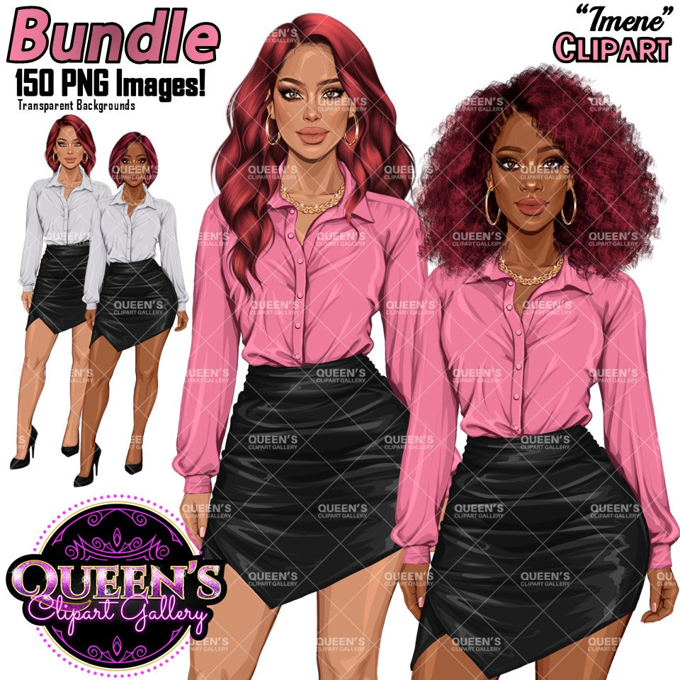 Digital clipart bundle preview featuring two illustrated women wearing matching pink button-up shirts and black mini skirts, with text reading 'Bundle 150 PNG Images!' and 'Queen's Clipart Gallery' watermarks.