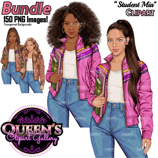 High school African American Afro teen girl clipart and White girl teen clipart PNG featuring a fashionable Afro female student holding books with multiple hairstyles, hair colors, jacket color variations, and transparent background for educational projects. Teen illustration for commercial use projects and instant digital download. High school teen clipart PNG, multicultural teenager illustration for classroom resources and educational projects.