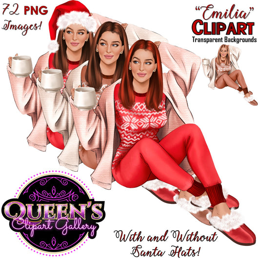 Christmas Clipart | Winter Clipart | Cozy Clipart | Woman | Holiday | Santa Hat | Coffee | Cozy Woman Clipart