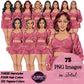 Pink fuzzy sleepwear woman clipart featuring fashionable women in cozy crop tops, fuzzy shorts and matching cardigans with long, short and wavy hairstyles, PNG clipart with transparent backgrounds.