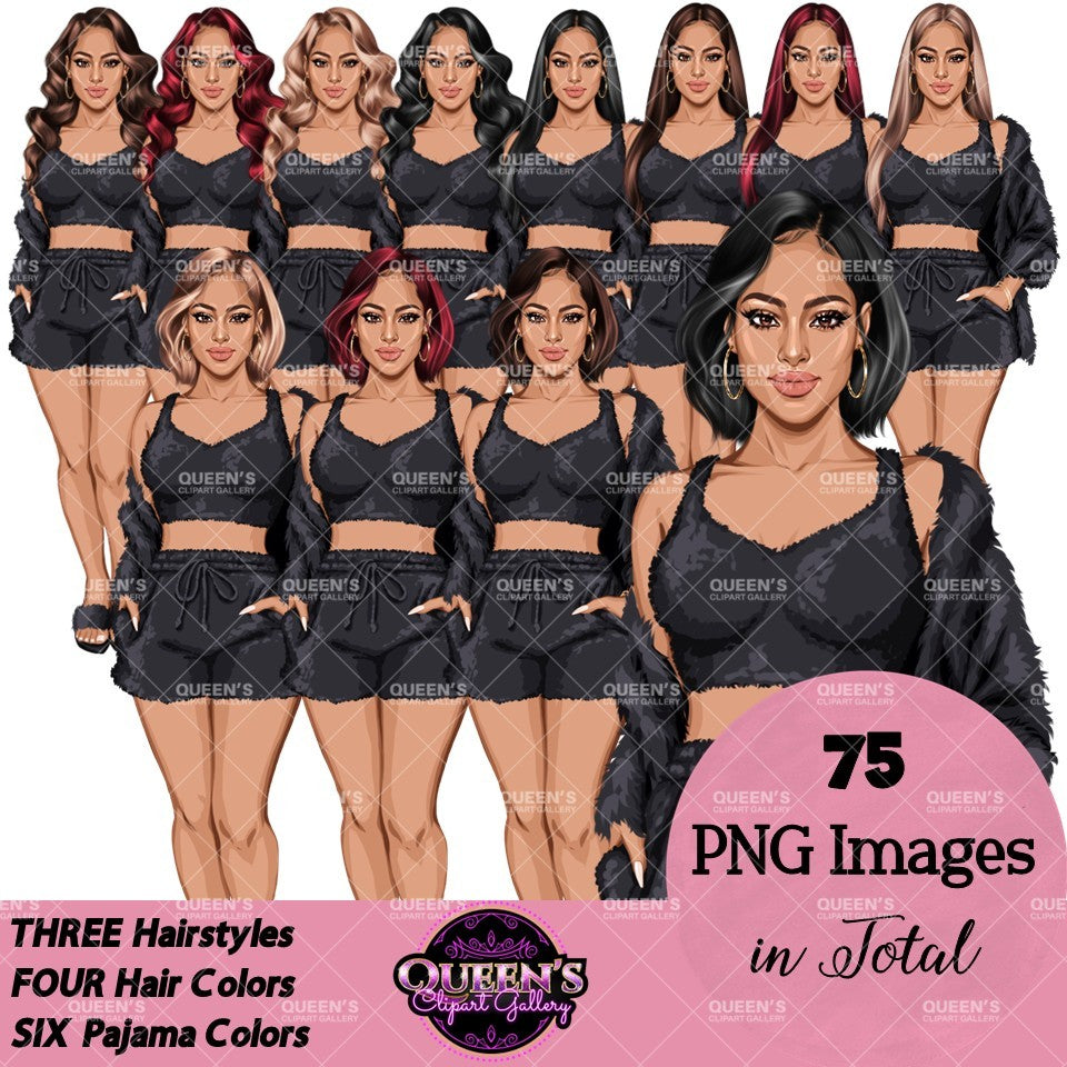 Black pajama woman clipart featuring fashionable women wearing fuzzy crop tops, drawstring sleep shorts and cozy cardigans in multiple hairstyles and hair colors, PNG clipart with transparent backgrounds.