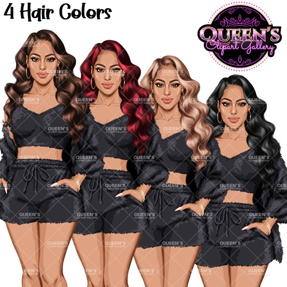 Black pajama woman clipart featuring fashionable women wearing fuzzy crop tops, drawstring sleep shorts and cozy cardigans in multiple hairstyles and hair colors, PNG clipart with transparent backgrounds.